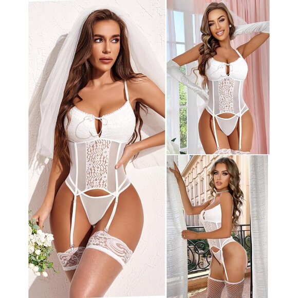 Women White Garter Lingerie Set Tummy Control Teddy Boudoir Outfits - Picture 3 of 7